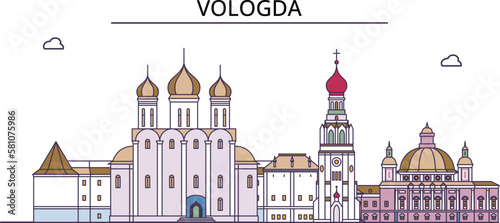 Russia, Vologda tourism landmarks, vector city travel illustration