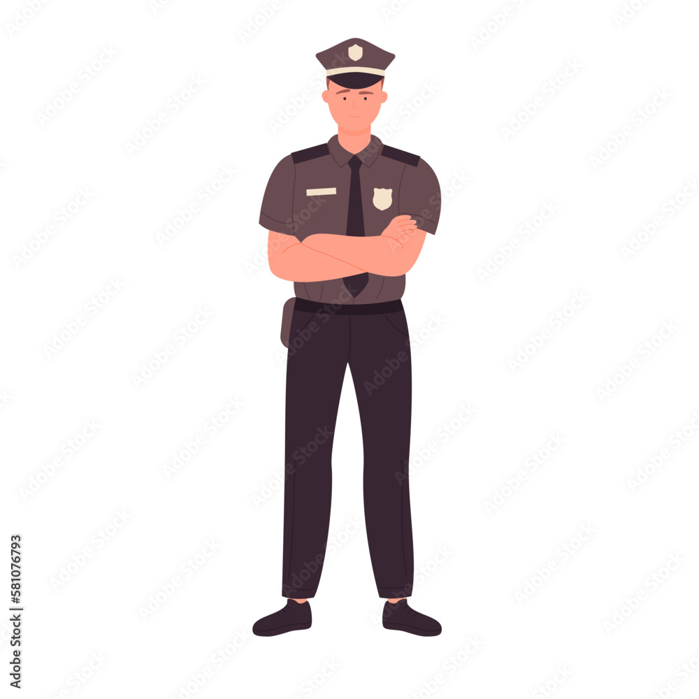 Standing policeman with crossed arms. Confident police officer vector illustration