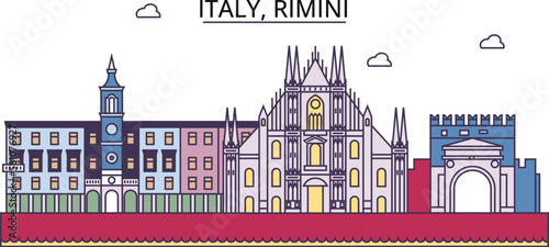 Italy, Rimini tourism landmarks, vector city travel illustration