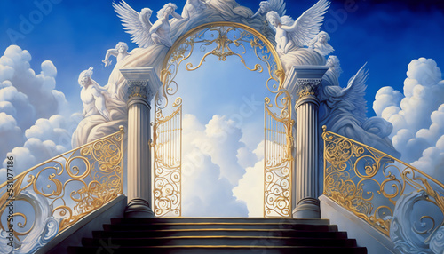 An ultra - clear photograph of a long stairway to heaven with white clouds illuminated a person climbing at the bottom of the stairway golden gates with Corinthian ornaments and statues of angels at t