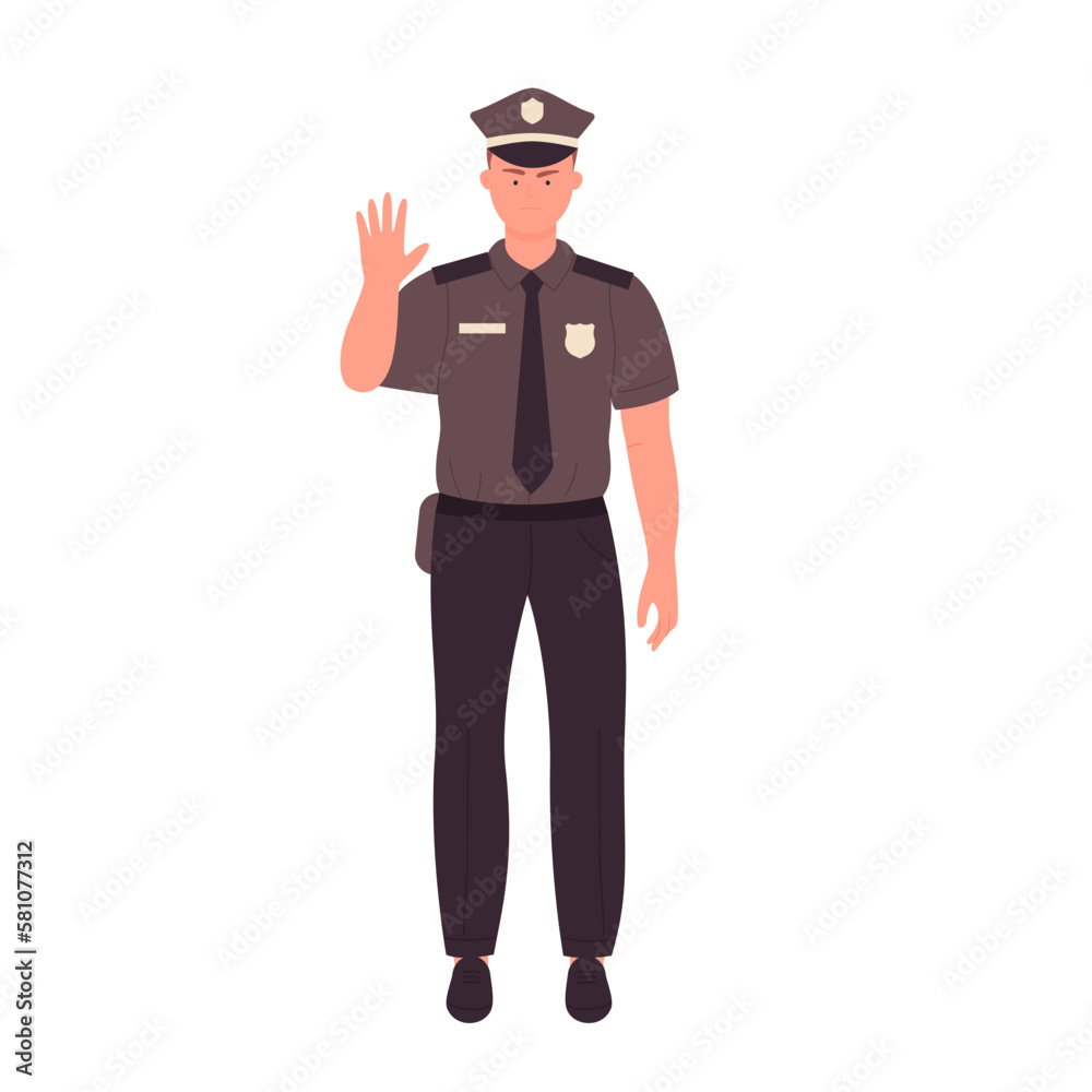 Policeman shows stop gesture. Standing police officer in uniform vector illustration