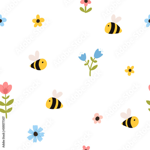 Vector color hand-drawn children cute easter seamless pattern with bees and flowers in scandinavian style. Easter colorful set. Doodle cartoon spring background. Happy easter.