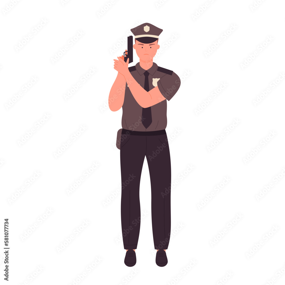 Angry policeman holds gun. Security police officer, policeman in uniform vector illustration