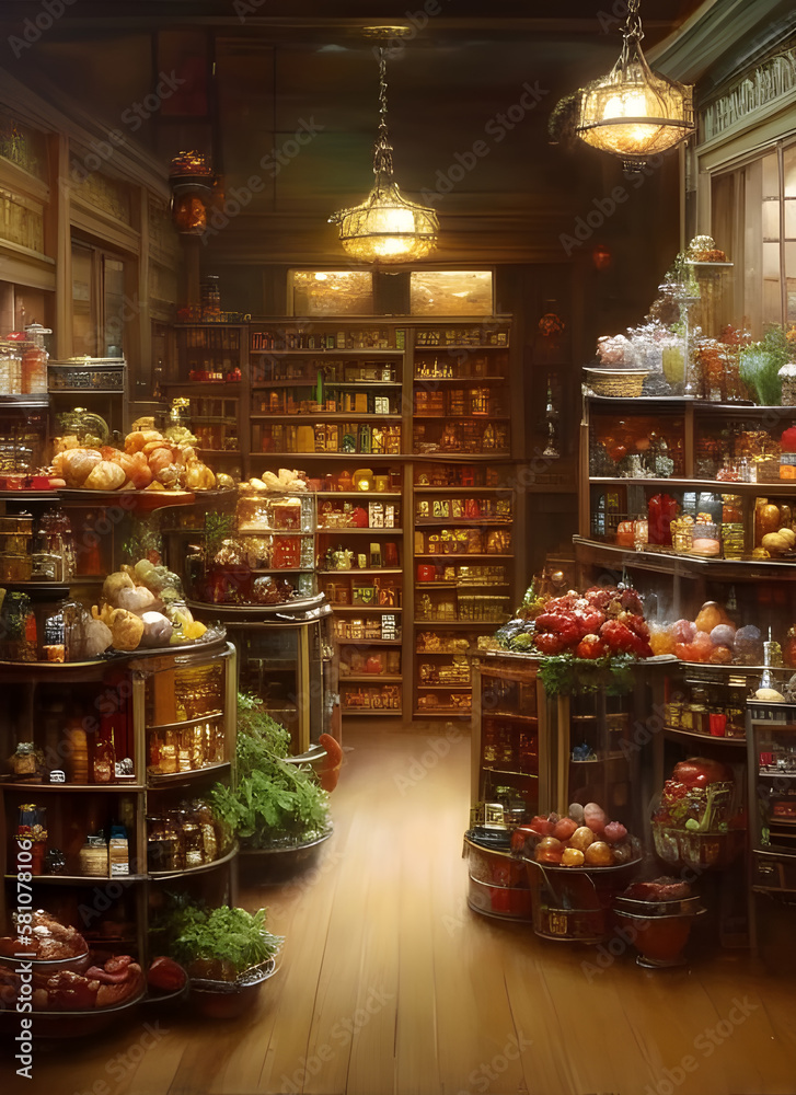The interior of an old fashioned food shop with vegetables, fruit and jars of food on shelves. generative ai illustration