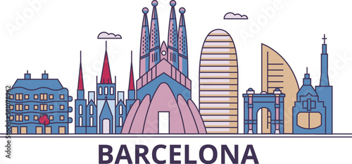 Spain, Barcelona City tourism landmarks, vector city travel illustration