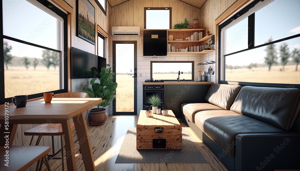 Tiny house interior with warm wooden decor, light and airy, AI generative - obrazy, fototapety, plakaty 
