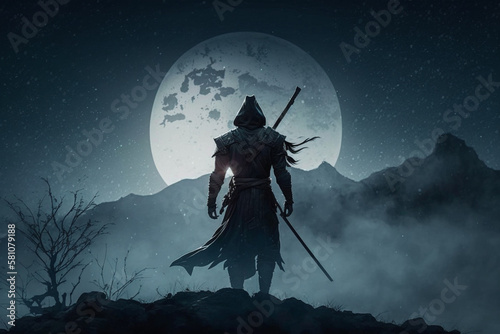 A ninja with sword standing on mountain with moon in the background