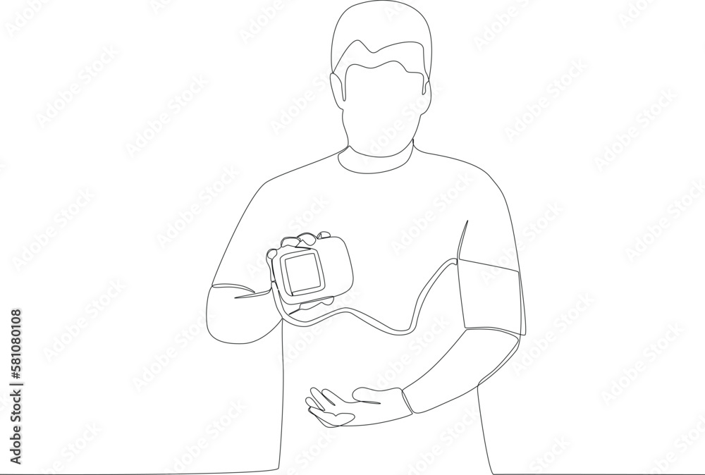A man uses a blood pressure monitor. Hypertension one-line drawing A man uses a blood pressure monitor. Hypertension one-line drawing