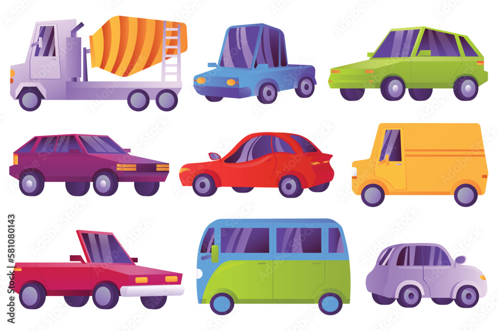 Modern automobiles icon set concept in the flat cartoon design. Images of several types of cars for different types of work. Vector illustration.