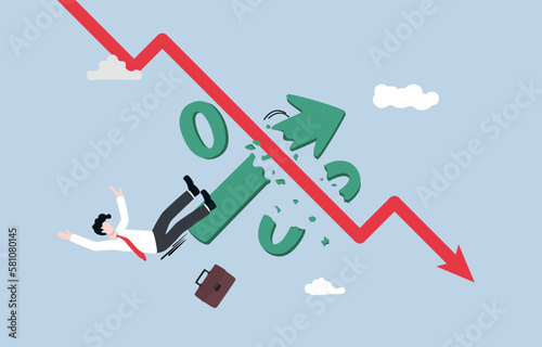 Inflation remains high while interest rates hike, economic recession, hyperinflation concept, Businessman falling from broken percentage sign rocket after colliding with downtrend graph. photo