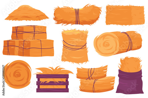 Hay stacks icon set concept in the flat cartoon design. Image of stack of hay, which are stored in different ways. Vector illustration.