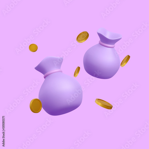 3d realistic money bag with falling golden coins in cartoon style. 3d realistic money object for poster or banner. Vector illustration