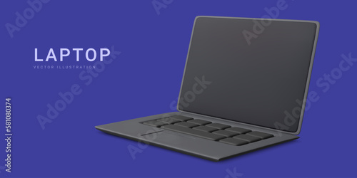 3d realistic black laptop isolated on blue background. Vector illustration