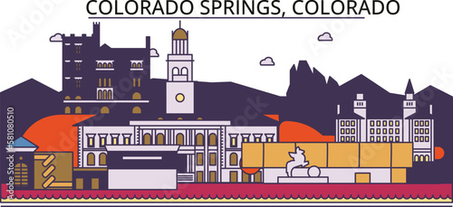 United States, Colorado Springs tourism landmarks, vector city travel illustration