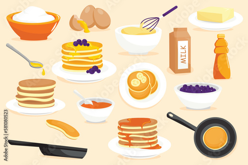Pancakes set concept in the flat cartoon design on a yellow background. Pancakes, cooking stages and ingredients needed for cooking. Vector illustration.