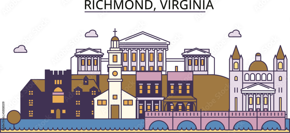United States, Richmond tourism landmarks, vector city travel illustration