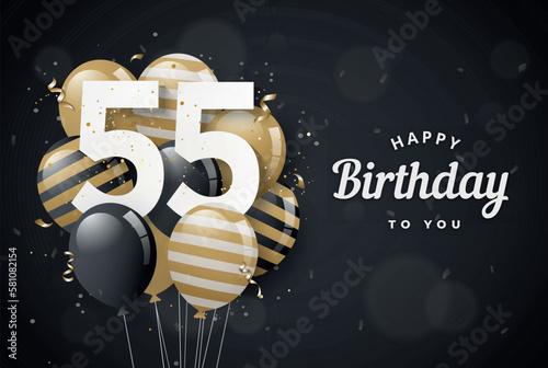 Happy 55th birthday balloons greeting card black background. 55 years anniversary. 55th celebrating with confetti. Vector stock photo