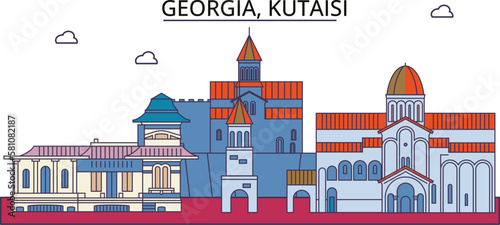 Georgia, Kutaisi tourism landmarks, vector city travel illustration