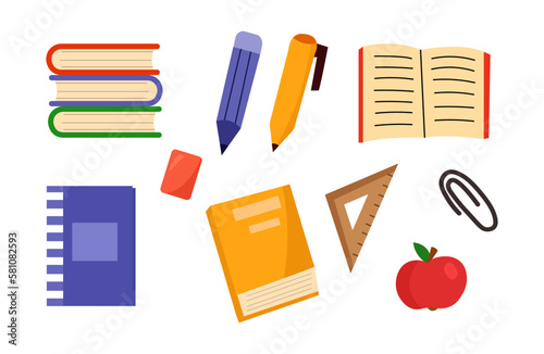 School items set cartoon illustration. Back to school concept set with books, notebooks.