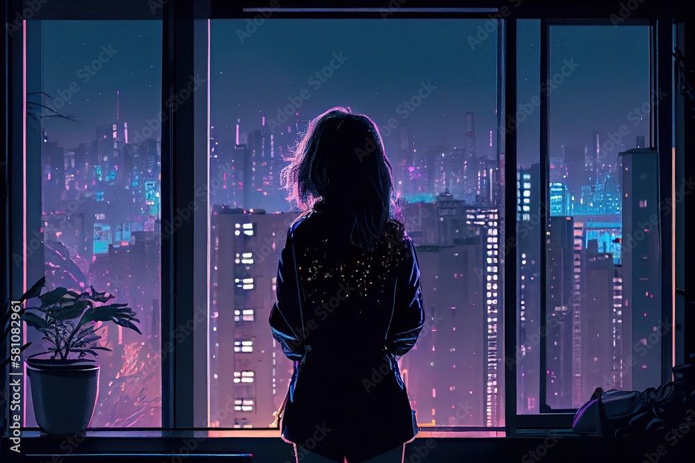 lofi girl full body, standing at balcony looking at city night lights