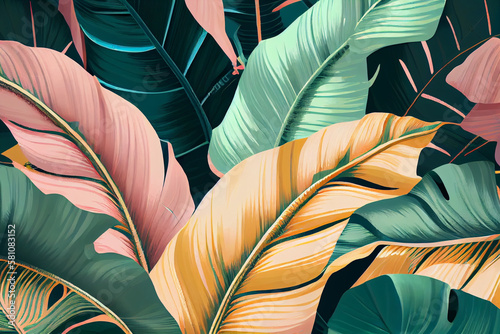 Tropical luxury exotic seamless pattern. Pastel colorful banana leaves  palm. Hand-drawn vintage 3D illustration. generative ai 