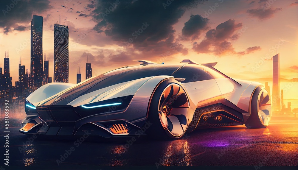 A new futuristic electric Luxury sports car, with a modern city background. Generative AI