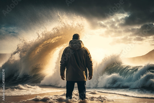 Man standing front of big strom wave on sunset sky abstract background. Challenge and brave concept. Generative AI