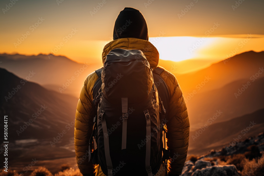 Backpack man standing on top of mountain with sunset sky abstract background. Generative ai