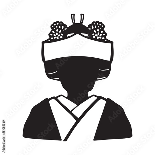 つのかくしをつけた花嫁シルエット着物和装のアイコンイラスト　黒