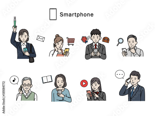 スマートフォンを使う様々な年齢層の人達のイラスト