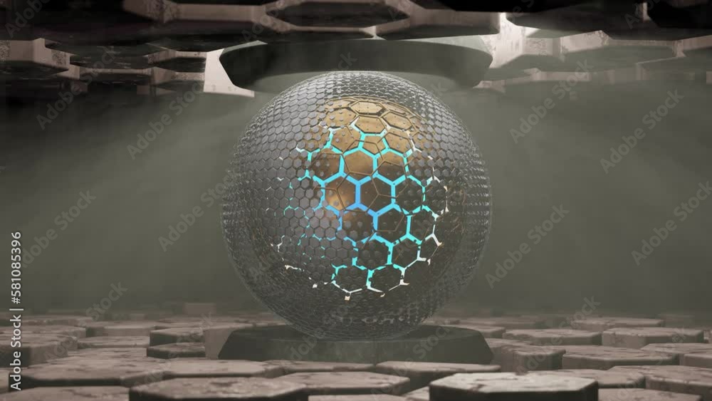 Loop futuristic 3d animation of a mysterious cosmic sphere made of metal hexagons in the space of moving hexagons in the radiance of light. 3d abstraction, fantastic background.