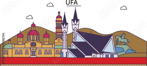 Russia, Ufa tourism landmarks, vector city travel illustration