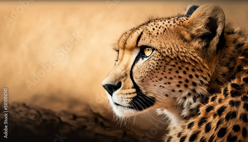 Beautiful cheetah portrait. Wild big cat. Wildlife and nature illustration. Outdoor background with copy space. AI generative image.