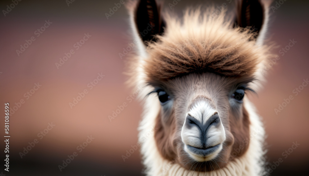 Cute alpaca close up portrait on blurred nature outdoor background. AI