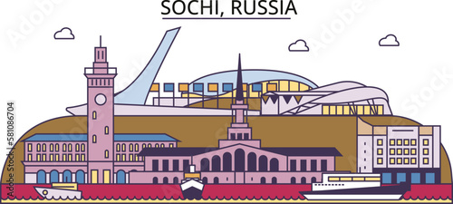 Russia, Sochi tourism landmarks, vector city travel illustration