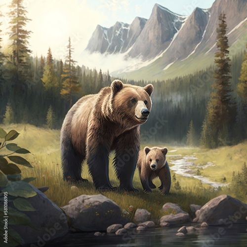A mother and baby bear exploring a quiet forest clearing, with a mountain range in the distance. realistic wonderful illustration