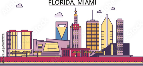 United States, Miami tourism landmarks, vector city travel illustration