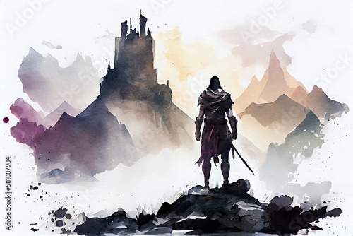 Watercolor Illustration of a A Warrior Stands In Front Of An Epic Foggy Landscape With A Huge Mountain Castle In The Background. Generative AI