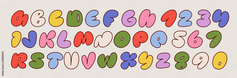 Colorful Latin alphabet with airy thick letters. Font with numbers inflated figures in a cartoon children's style.
Colorful Latin alphabet with airy thick letters. Font with numbers inflated figures in a cartoon children's style.