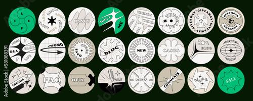 Cover icons for saved stories for social media. Vector set of strict stickers in brutalism style. Abstract geometric shapes	
