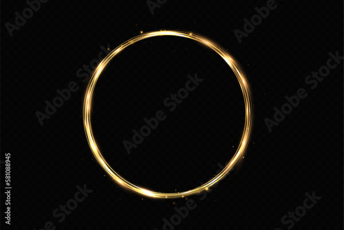 Abstract sparkling golden frame light effect on transparent background. Spark with ring glossy line.