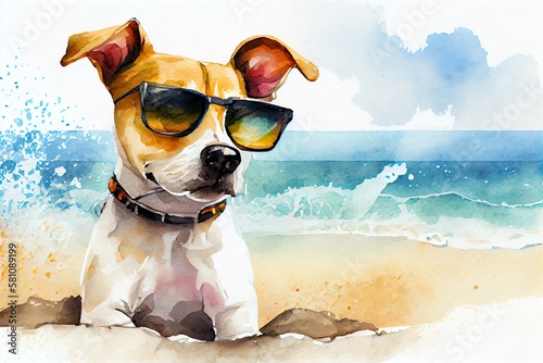 Watercolor Illustration of a Cute Cartoon Summer Dog On A Beach In Sunglasses With Space For Copy    . Generative AI