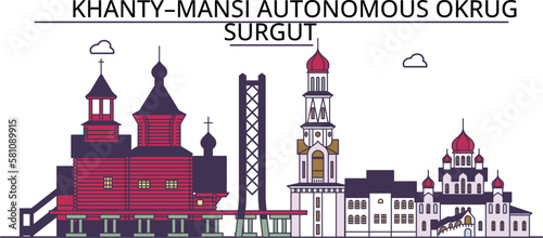 Russia, Surgut tourism landmarks, vector city travel illustration