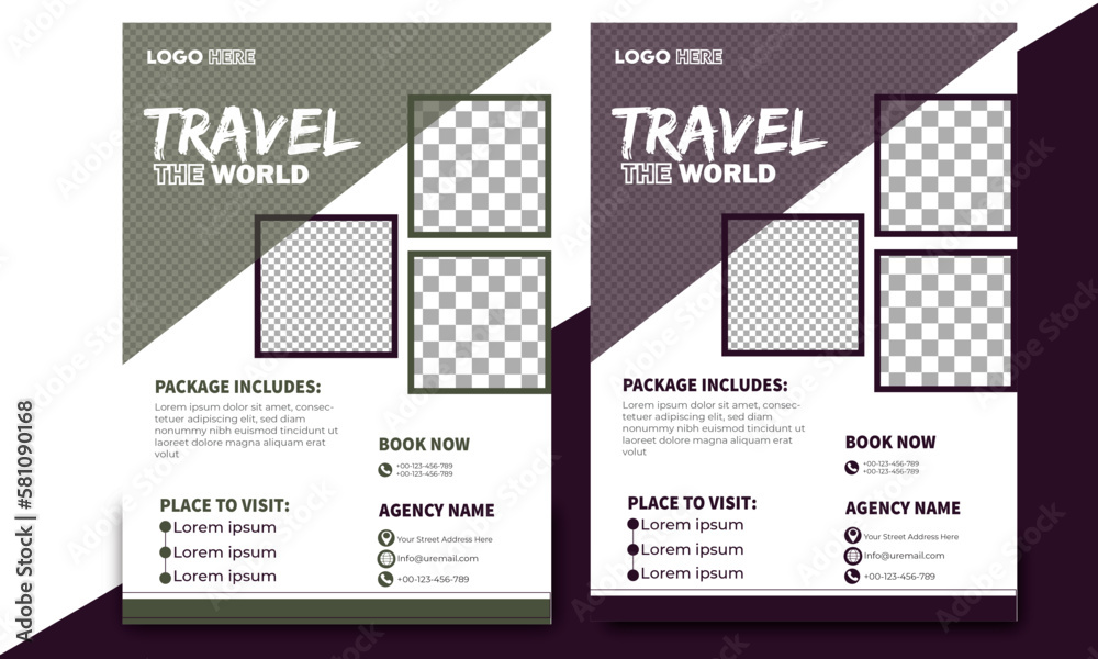 Vector travel tour flyer design template Travel Flyer Template Layout with 3 Colorful Accents and Grayscale Elements