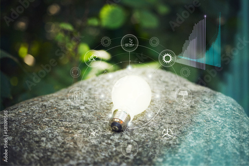 Illuminated light bulb on rock