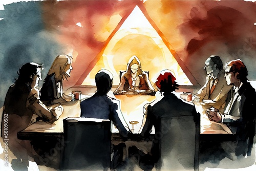 Watercolor Illustration of a Illuminatis Meeting. Generative AI