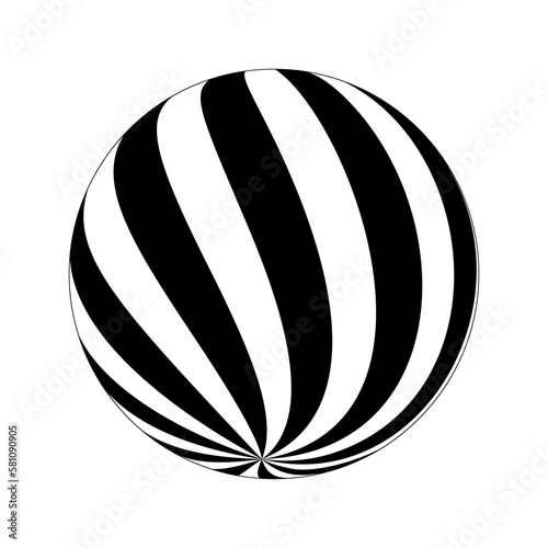 Spherical shape with vortex black and white stripes. 3D sphere model. Modern ball isolated on white background. Globe figure. Vector illustration