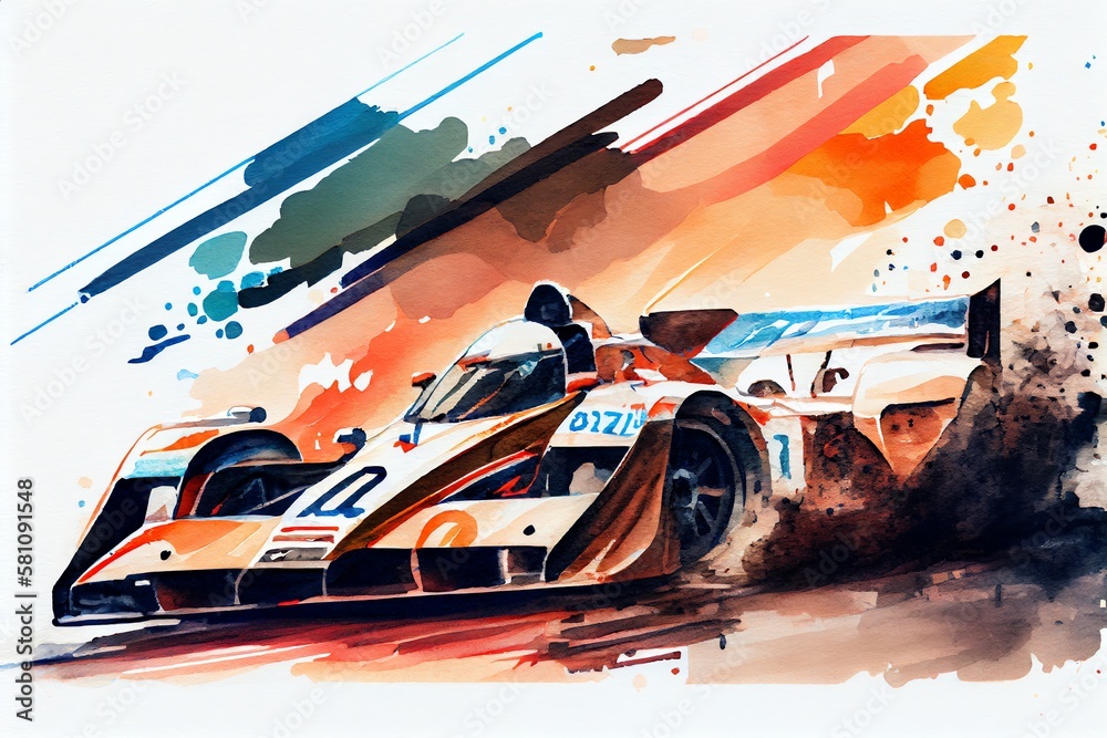 Watercolor Illustration of a Motor Sport Racing Car On A Track, Speed And Performance. Generative AI