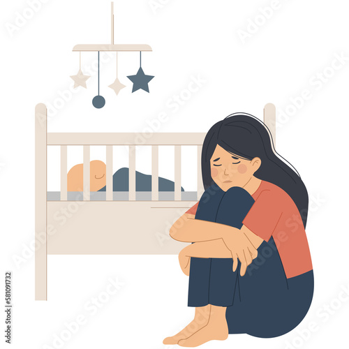 Postpartum postnatal depression, sad woman sits near a baby. Flat illustration