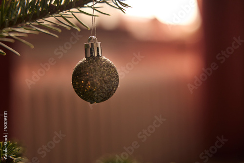 Glitter bauble hanging on christmas tree branch